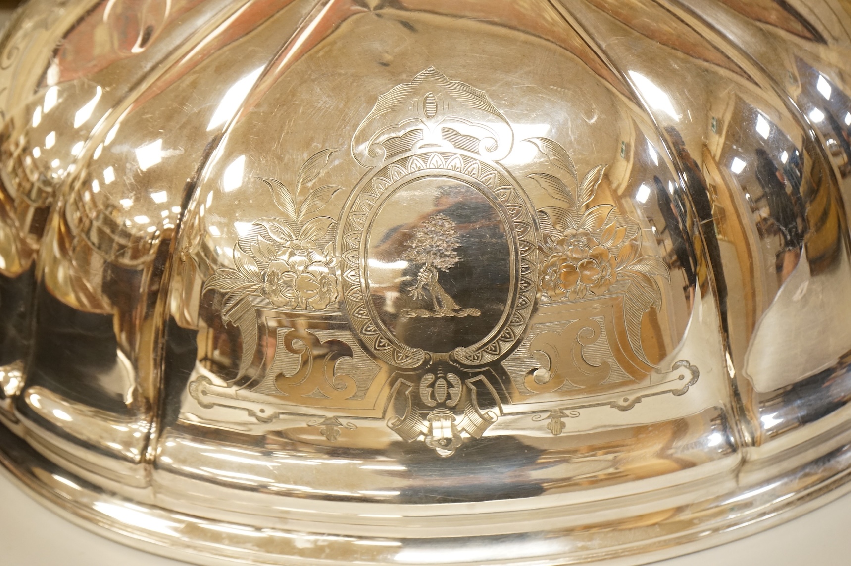 A Victorian engraved electroplate meat dish cover, 38cm wide